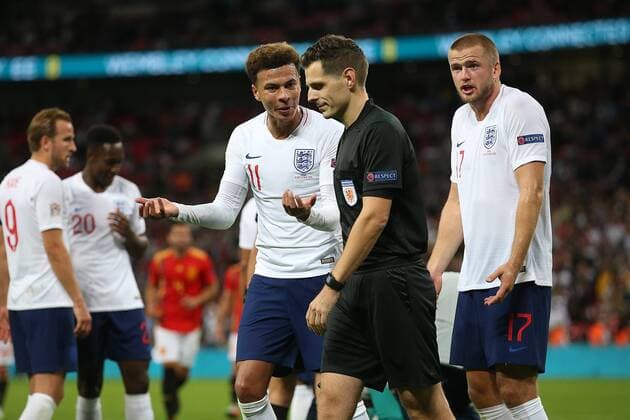 England v Spain UEFA Nations League Dele Alli of England and Eric Dier of England appeal to the official behind the goal (Additional Assistant Referee Kevin Blom (NED) or Additional Assistant Referee Lochem Kamphuis (NED)) as he appears to disallow England s 2nd goal for a foul on David De Gea of Spain during the UEFA Nations League match at Wembley Stadium, London Content Not Available For UK Newspapers Copyright: xPaulxChestertonx FIL-12248-0036