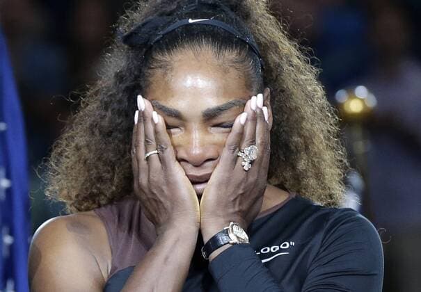 Serena Williams and Naomi Osaka of Japan show emotion and tears during the trophy ceremony at the US Open Women s Final in Arthur Ashe Stadium at the 2018 US Open Tennis Championships at the USTA Billie Jean King National Tennis Center in New York City on September 8, 2018. Naomi Osaka defeated Serena Williams and won the 2018 US Open in straight sets to become the first Japanese woman in history to win a major championship.  NYP20180908154 JOHNxANGELILLO