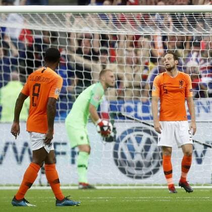 SAINT DENIS, 09-09-2018, Stadium Stade France , football, season 2018 2019, Nations League , Netherlands player Georginio Wijnaldum , Netherlands goalkeeper Jasper Cillessen , Netherlands player Daley Blind after 1-0 during the game France - Netherlands France - Netherlands  x2457098x