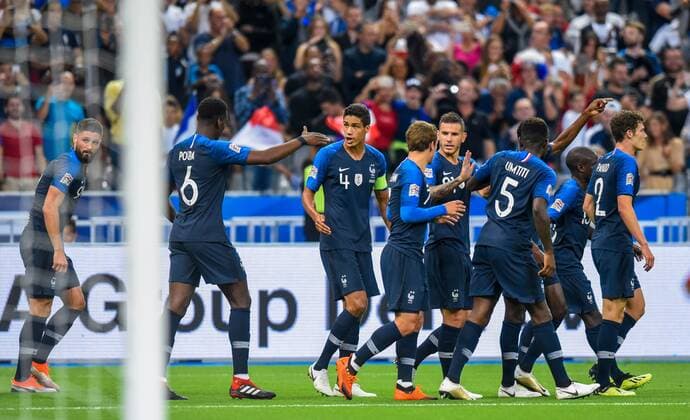 But de Kylian Mbappe ( France ) - Joie des joueurs de l equipe de France FOOTBALL : France vs Pays Bas - Ligue des Nations - Saint Denis - 09 09 2018 FedericoPestellini Panoramic 