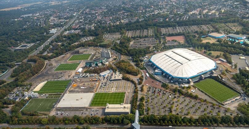 Aerial view of new training courses on the Schalke area FC Schalke 04 Veltins Arena Arena on Schalke Bundesliga club medicos Aufschalke GmbH Conversion Playgrounds Grass fields Aerial view Beckhausen Gelsenkirchen Ruhrgebiet North Rhine Westphalia Germany ATTENTIONxMINDESTHONORARx60xEURO