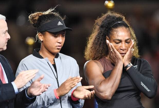 Winner Naomi Osaka (L) of Japan and runner-up Serena Williams of the United States react during the award ceremony after the women s singles final match of the US Open tennis tournament at Arthur Ashe Stadium, USTA Billie Jean King National Tennis Center in Flushing, Queens, New York City, United States, September 8, 2018. Noxthirdxpartyxsales  (85372570)