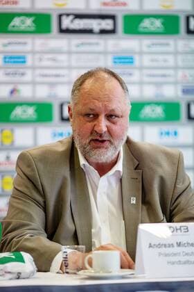 President of the German Handball Federation Andreas Michelmann during the press conference on handball Womens game between Germany and Russia in the Radisson Blue Hotel on 10 September 2018 in Bauhausstadt Dessau Saxony Anhalt Saxony Anhalt Germany Germany Eibner Hartmut Boesener HB LS F PK Germany Russia Copyright: xEIBNER HartmutxBoesenerx EP_HBR