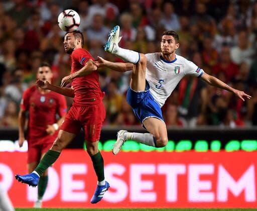 (180911) -- LISBON, Sept.11, 2018 -- Bernardo Silva (L) of Portugal vies with Jorginho of Italy during the UEFA Nations League soccer match between Portugal and Italy at Luz Stadium in Lisbon, Portugal, on Sept. 10, 2018. Portugal won 1-0. )(wll) (SP)PORTUGAL-LISBON-SOCCER-UEFA-NATIONS LEAGUE-PORTUGAL VS ITALY ZhangxLiyun 