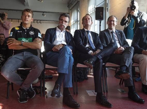 Press Conference Handball World Cup 2019 Sport and Olympic Museum Koeln Date 11 09 2018 From left Federal coach Christian Prokop Heiner Brand Arena boss Stefan holes DHB chairman Mark Schober