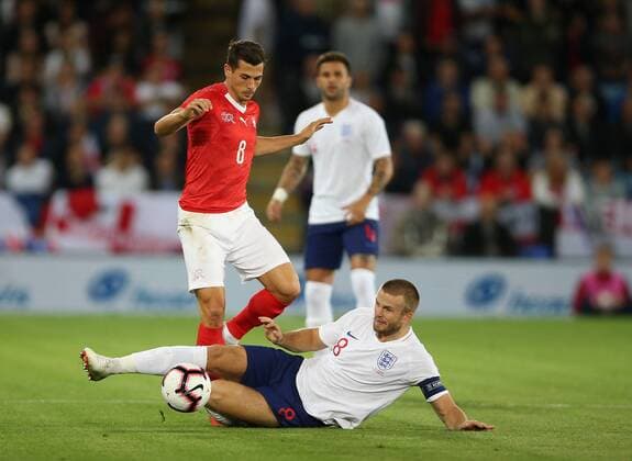 Eric Dier of England tackles Remo Freuler of Switzerland during the International Friendly Länderspiel match at the King Power Stadium, Leicester. Picture date 11th September 2018. Picture credit should read: Nigel French Sportimage EDITORIAL USE ONLY. No use with unauthorised audio, video, data, fixture lists, club league logos or live services. Online in-match use limited to 120 images, no video emulation. No use in betting, games or single club league player publications.