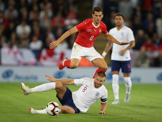 Eric Dier of England tackles Remo Freuler of Switzerland during the International Friendly Länderspiel match at the King Power Stadium, Leicester. Picture date 11th September 2018. Picture credit should read: Nigel French Sportimage EDITORIAL USE ONLY. No use with unauthorised audio, video, data, fixture lists, club league logos or live services. Online in-match use limited to 120 images, no video emulation. No use in betting, games or single club league player publications.