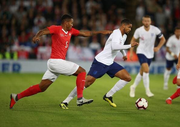 Manuel Akanji of Switzerland chases after Ruben Loftus-Cheek of England during the International Friendly Länderspiel match at the King Power Stadium, Leicester. Picture date 11th September 2018. Picture credit should read: Nigel French Sportimage EDITORIAL USE ONLY. No use with unauthorised audio, video, data, fixture lists, club league logos or live services. Online in-match use limited to 120 images, no video emulation. No use in betting, games or single club league player publications.