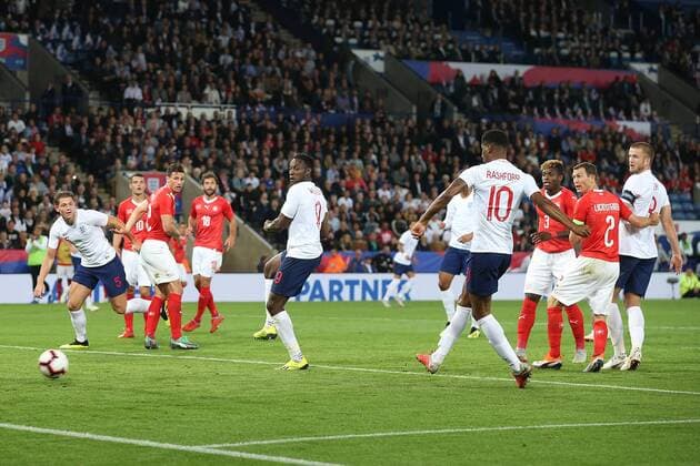 England v Switzerland International Friendly L?nderspiel Marcus Rashford of England scores his sides 1st goal during the International Friendly match at the King Power Stadium, Leicester Content Not Available For UK Newspapers Copyright: xPaulxChestertonx FIL-12259-0010