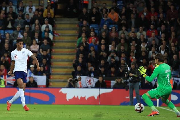 FuÃŸball, Testspiel, England - Schweiz 11th September 2018, King Power Stadium, Leicester, England; International Football Friendly, England versus Switzerland; Marcus Rashford of England scores the opening goal making it 1-0  ActionPlus12061792 ShaunxBrooks