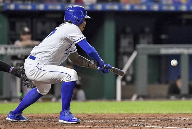 September 11, 2018 - Kansas City, MO, USA - The Kansas City Royals Adalberto Mondesi lays down a bunt single to score Rosell Herrera in the third inning against the Chicago White Sox on Tuesday, Sept. 11, 2018, at Kauffman Stadium in Kansas City, Mo. Chicago White Sox at Kansas City - ZUMAm67_ 20180911_zaf_m67_024 Copyright: xJohnxSleezerx