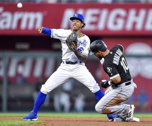 September 11, 2018 - Kansas City, Missouri, U.S. - Kansas City Royals second baseman ADALBERTO MONDESI forces out the Chicago White Sox s YOAN MONCADA (10) at second but couldn t get the ball back to first for the double play on Yolmer Sanchez in the first inning on Tuesday, at Kauffman Stadium. MLB Baseball Herren USA 2018: Chicago White Sox 1:6 Kansas City - ZUMAm67_ 20180911_zaf_m67_019 Copyright: xJohnxSleezerx