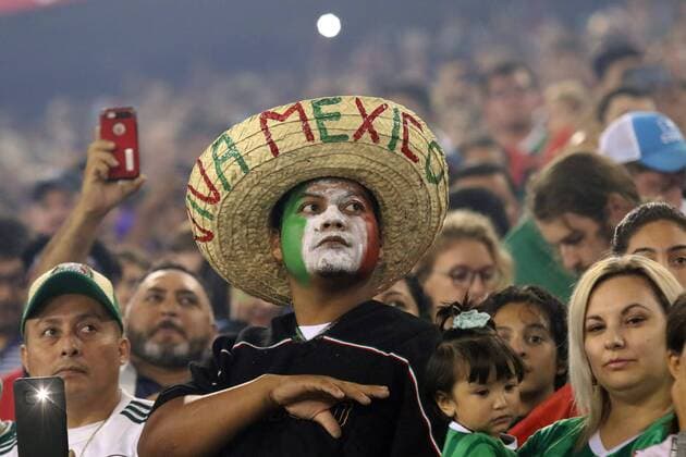 NASHVILLE, TN - SEPTEMBER 11: A Mexican fan during the national anthem before the game between the United States national team Nationalteam and the Mexico National team on September 11, 2018 at Nissan Stadium in Nashville, Tennessee. (Photo by Michael Wade Icon Sportswire) SOCCER: SEP 11 Mexico v USA Icon09111805 EDITORIAL USE ONLY