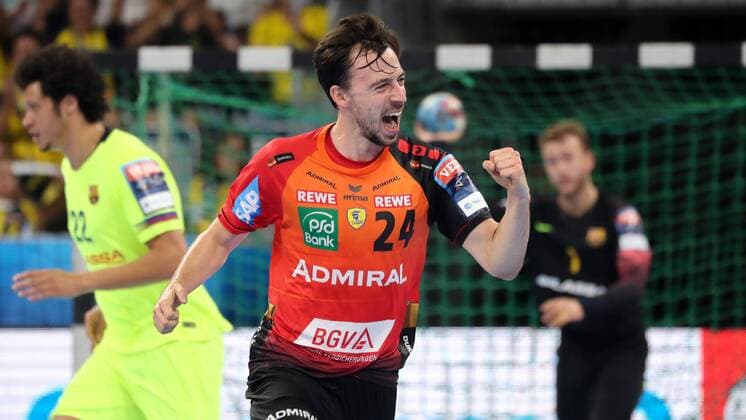 Goalkeeper Patrick Groetzki RNL 24 Single Action Action Action Cheers Over One Goal Cheering Torjubel Goalkeeping celebrate the goal goal celebration Cheering over the goal optimistic Action Action Handball Champions League Rhein Neckar Löwen Barca Lassa xozx