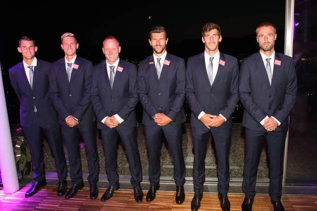 TENNIS - ITF, Davis Cup, AUT vs AUS GRAZ,AUSTRIA,12.SEP.18 - TENNIS - ITF, Davis Cup, Austria vs Australia, preview, Davis Cup Night. Image shows Dominic Thiem, Dennis Novak, captain Stefan Koubek, Juergen Melzer, Gerald Melzer and Oliver Marach (AUT). GEPAxpictures xChristianxWalgram