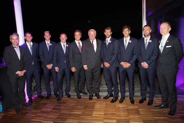 TENNIS - ITF, Davis Cup, AUT vs AUS GRAZ,AUSTRIA,12.SEP.18 - TENNIS - ITF, Davis Cup, Austria vs Australia, preview, Davis Cup Night. Image shows Kurt Hohensinner (Graz), Dominic Thiem, Dennis Novak, captain Stefan Koubek (AUT), mayor Siegfried Nagl (Graz), governor Hermann Schuetzenhoefer (Styria), Juergen Melzer, Gerald Melzer, Oliver Marach (AUT) and president Werner Klausner (OETV). GEPAxpictures xChristianxWalgram
