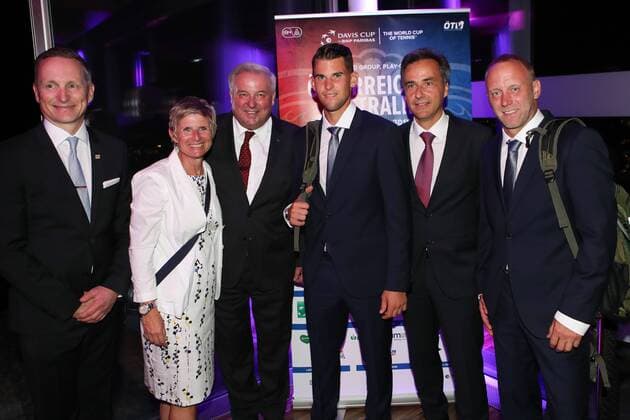 TENNIS - ITF, Davis Cup, AUT vs AUS GRAZ,AUSTRIA,12.SEP.18 - TENNIS - ITF, Davis Cup, Austria vs Australia, preview, Davis Cup Night. Image shows president Werner Klausner (OETV), president Barbara Muhr (STTV), governor Hermann Schuetzenhoefer (Styria), Dominic Thiem (AUT), mayor Siegfried Nagl (Graz) and captain Stefan Koubek (AUT). GEPAxpictures xChristianxWalgram