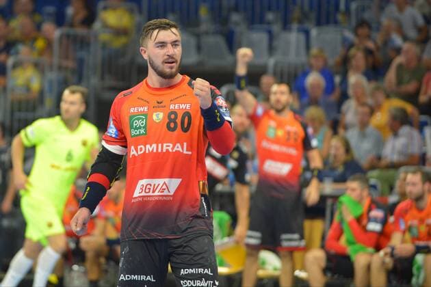 EHF Championsleague12 09 2018 Rhine Neckar Lions vs FC Barcelona Jannik Kohlbacher 80 RNL in winning pose ksp,ks-pressefoto
