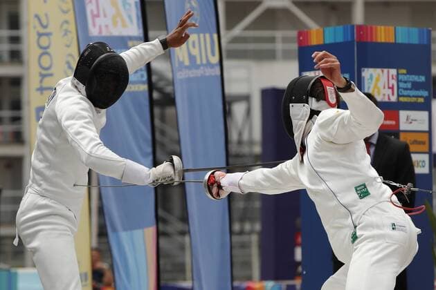 US Amro Elgeziry (L) and Ukranian Pavlo Tymoshchenko particpate in the individual men s fencing final during the World Modern pentathlon moderner Fünfkampf Championships, in Mexico City, Mexico, 13 September 2018. World Modern Pentathlon Championships in Mexico !ACHTUNG: NUR REDAKTIONELLE NUTZUNG!  Copyright: xJosexMendezx MEX22 20180913-636724746023066400