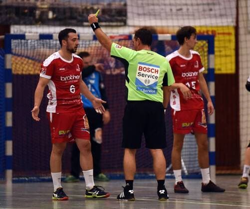 14 09 2018 xpsx Handball 3 Liga HSG Hanau HSG Rodgau Nieder Roden v 1 Yellow Card Tim Henkel Rodgau Hanau Hessen Germany DEU