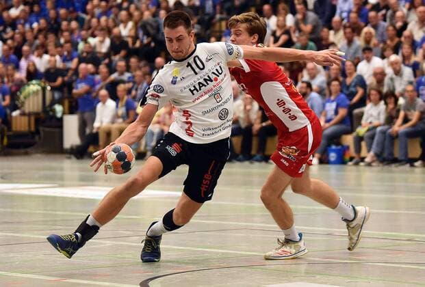 14 09 2018 xpsx Handball 3 Liga HSG Hanau HSG Rodgau Nieder Roden v Marc Strohl Hanau Johannes von der Au Rodgau Hanau Hessen Germany DEU