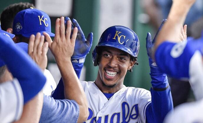 September 14, 2018 - Kansas City, MO, USA - The Kansas City Royals Adalberto Mondesi is greeted in the dugout after scoring on a single by Salvador Perez in the first inning against the Minnesota Twins on Friday, Sept. 14, 2018, at Kauffman Stadium in Kansas City, Mo. Minnesota at Kansas City - ZUMAm67_ 20180914_zaf_m67_020 Copyright: xJohnxSleezerx