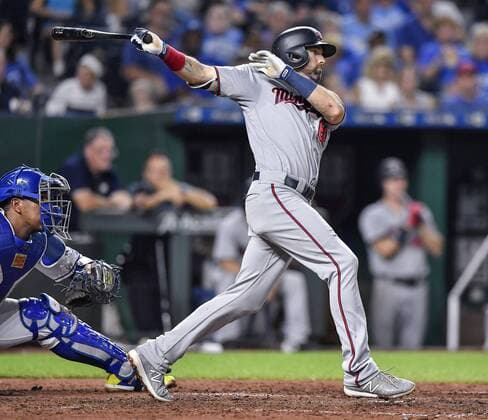 September 14, 2018 - Kansas City, MO, USA - The Minnesota Twins Jake Cave follows through on an RBI double in the fifth inning against the Kansas City Royals on Friday, Sept. 14, 2018, at Kauffman Stadium in Kansas City, Mo. Minnesota at Kansas City - ZUMAm67_ 20180914_zaf_m67_029 Copyright: xJohnxSleezerx