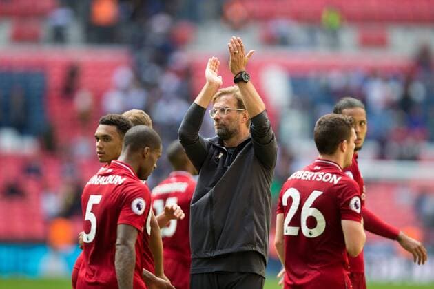 Liverpool manager Jurgen Klopp applauds the fans at the final whistle during the Premier League match at Wembley Stadium, London. Picture date 15th September 2018. Picture credit should read: Craig Mercer Sportimage EDITORIAL USE ONLY. No use with unauthorised audio, video, data, fixture lists, club league logos or live services. Online in-match use limited to 120 images, no video emulation. No use in betting, games or single club league player publications.