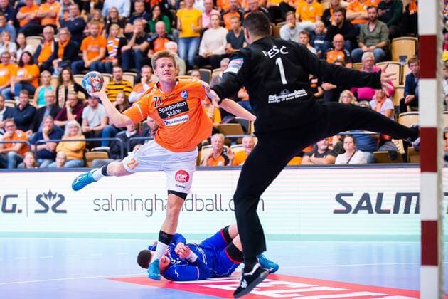 180915 Kristianstad Alfred Ehn and Meshkov malmed Ivan Pesic during the Champions League match between Kristianstad and Meshkov Brest on September 15, 2018 in Kristianstad  Copyright: AvdoxBilkanovic BB180915AB024