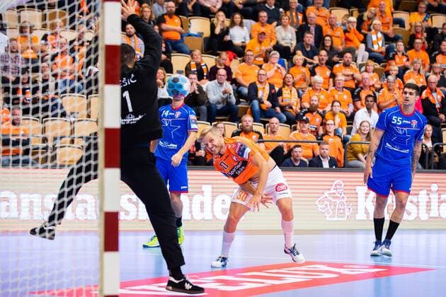 180915 Kristianstad Anton Halen and Meshkov malfunction Ivan Pesic during the Champions League match between Kristianstad and Meshkov Brest on September 15, 2018 in Kristianstad  Copyright: AvdoxBilkanovic BB180915AB053