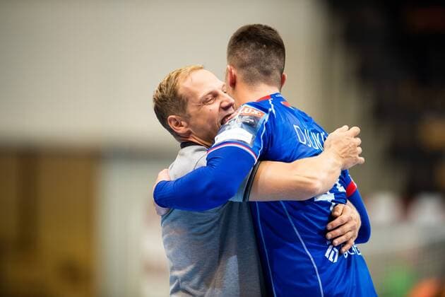 180915 Meshkov Darko Djukic and Mikalay Korotish cheers for the final sign during the Champions League match between Kristianstad and Meshkov Brest on September 15, 2018 in Kristianstad  Copyright: AvdoxBilkanovic BB180915AB060