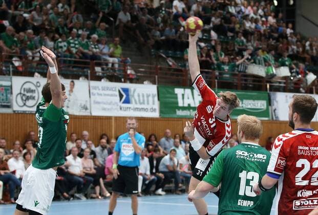 v left Philipp Meyer DJK Rimpar Wolves Dadi Runarsson VfL Lübeck Schwartau Patrick Gempp DJK Rimpar Wolves Steffen Köhler VfL Lübeck Schwartau DKB 2 Handball Bundesliga DJK Rimpar Wolves VfL Lübeck Schwartau xfsx