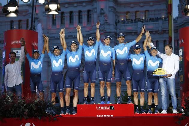 Movistar Team riders celebrate on the podium after the 21st and final stage of the Vuelta a Espana , Tour of Spain cycling race, 100,9km from Alcorcon to Madrid, Spain, Sunday 16 September 2018. FRANCE OUT YUZURUxSUNADA  x05427728x