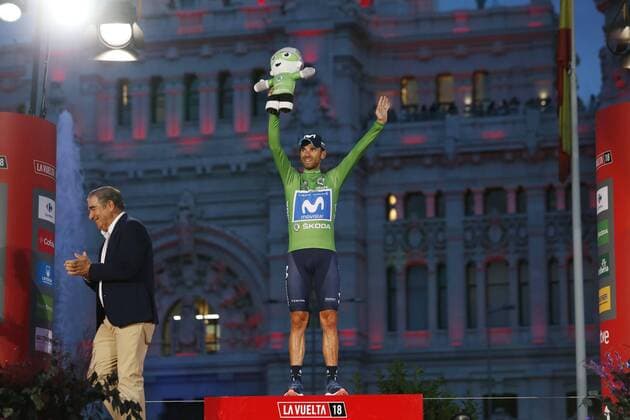 Spanish Alejandro Valverde of Movistar Team celebrates on the podium in the green jersey of best attacker after the 21st and final stage of the Vuelta a Espana , Tour of Spain cycling race, 100,9km from Alcorcon to Madrid, Spain, Sunday 16 September 2018. FRANCE OUT YUZURUxSUNADA  x05427753x