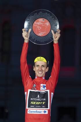 September 16, 2018 - Madrid, Spain - Mitchelton-Scott s British cyclist Simon Philip Yates celebrates on the podium after winning the 73rd edition of La Vuelta Tour of Spain cycling race in Madrid on September 16, 2018. - Simon Yates stepped out of the shadows of British cycling giants Sky to secure his maiden Grand Tour triumph at the Tour of Spain for his Mitchelton team. 73rd Tour of Spain 2018  - ZUMAn230 20180916_zaa_n230_724 Copyright: xOscarxGonzalezx