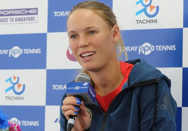 September 17, 2018, Tokyo, Japan - Top seeded Caroline Wozniacki of Denmark speaks before press as she will play at the Toray Pan Pacific Open tennis tournament in Tokyo on Monday, September 17, 2018. WTA Tennis Damen tournament started at the Tachikawa Tachihi Arena. NOxTHIRDxPARTYxSALES.  (85882730)