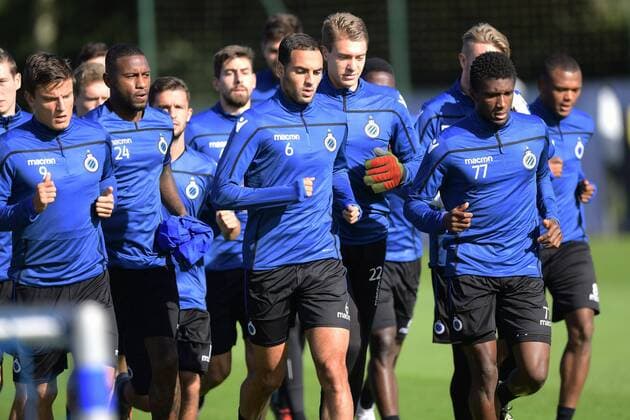 Jelle Vossen forward of Club Brugge, Sofyan Amrabat midfielder of Club Brugge and Clinton Mata defender of Club Brugge leading the group FOOTBALL : Club Bruges - Ligue des Champions - 17 09 2018 PhotoNews Panoramic 