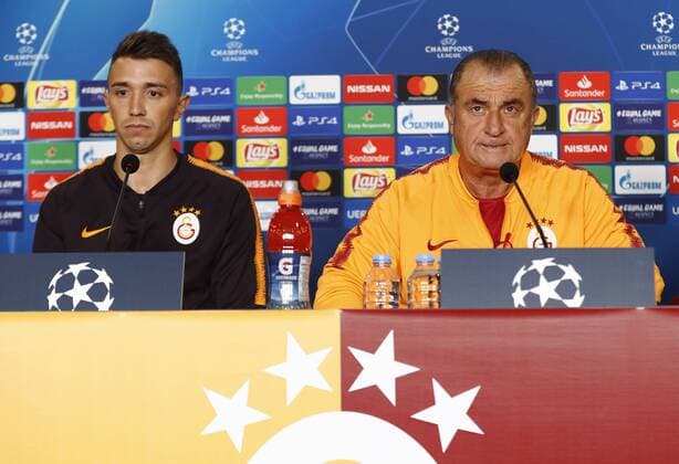 Galatasaray s Football Team Coach Fatih Terim and Goalkeeper Fernando Muslera gives a press conference PK Pressekonferenz on the eve of the team s a day before their UEFA Champions League Group D match against Lokomotiv Moscow on September 17 , 2018 in Istanbul , Turkey. 