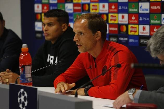 17th September 2018, Anfield, Liverpool, England; UEFA Champions League football, Liverpool versus Paris St Germain; PSG manager Thomas Tuchel speaking to the media at Anfield during today s press conference PK Pressekonferenz ahead of tomorrow s Champions League match against Liverpool  ActionPlus12063471 AlanxMartin
