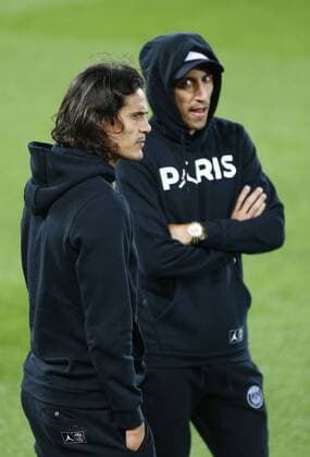 17th September 2018, Anfield, Liverpool, England; UEFA Champions League football, Liverpool versus Paris St Germain, open training session; Edison Cavani and Angel di Maria of Paris Saint-Germain during tonight s pitch inspection at Anfield ahead of tomorrow s Champions League match against Liverpool  ActionPlus12063498 AlanxMartin