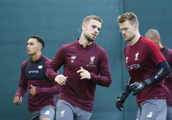 17th September 2018, Anfield, Liverpool, England; UEFA Champions League football, Liverpool versus Paris St Germain, open training session; Trent Alexander-Arnold, Jordan Henderson and Liverpool keeper Simon Mignolet ahead of tomorrow s Champions League match against Paris Saint-Germain  ActionPlus12063480 AlanxMartin