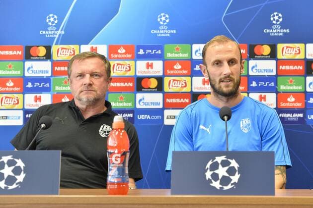 FC Viktoria Plzen head coach Pavel Vrba, left, and captain Roman Hubnik speak during a press conference PK Pressekonferenz on September 18, 2018 in Pilsen, Czech Republic, ahead of the 1st round, Group G, Champions League match FC Viktoria Plzen vs CSKA Moscow. (CTKxPhoto MiroslavxChaloupka) CTKPhotoP201809180783501  cha001