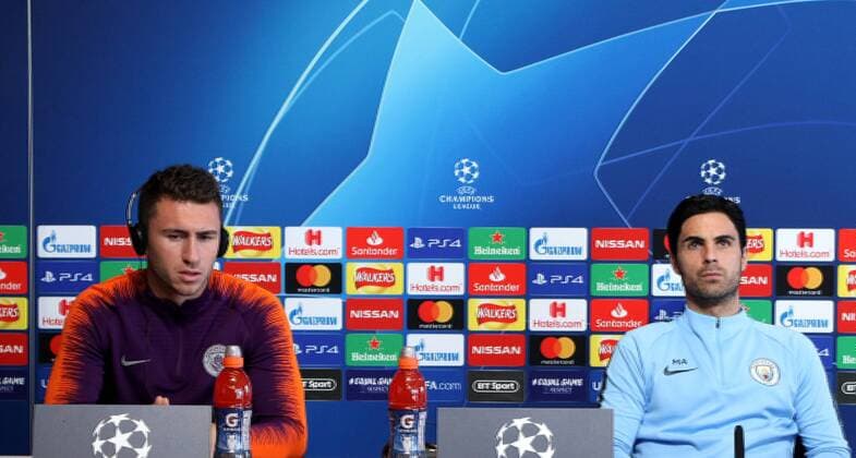 Manchester City Presser Aymeric Laporte (left) and Mikel Arteta of Manchester City during a press conference PK Pressekonferenz at City Football Academy, Manchester Content Not Available For UK Newspapers Copyright: xStevexMcCormickx FIL-12289-0009