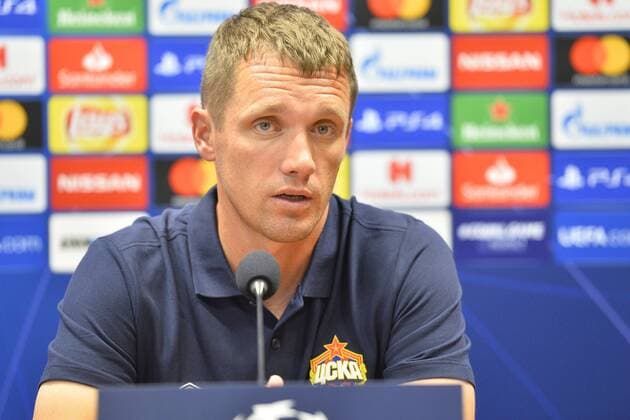 CSKA Moskva head coach Viktor Goncharenko speaks during a press conference PK Pressekonferenz on September 18, 2018 in Pilsen, Czech Republic, ahead of the 1st round, Group G, Champions League match FC Viktoria Plzen vs CSKA Moscow. (CTKxPhoto MiroslavxChaloupka) CTKPhotoP201809180907301  cha020