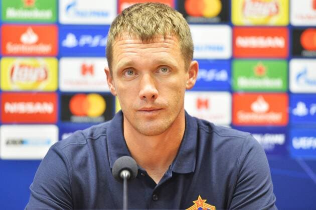 CSKA Moskva head coach Viktor Goncharenko speaks during a press conference PK Pressekonferenz on September 18, 2018 in Pilsen, Czech Republic, ahead of the 1st round, Group G, Champions League match FC Viktoria Plzen vs CSKA Moscow. (CTKxPhoto MiroslavxChaloupka) CTKPhotoP201809180913901  cha021