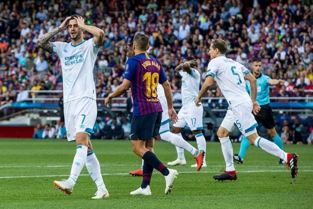 BARCELONA, 18-09-2018, Stadium Nou Camp, season 2018 2019, Champions League football. PSV forwarder Gaston Pereiro (L) dejected after his missed chance during the game FC Barcelona Barca - PSV. Barcelona - PSV  x2474493x