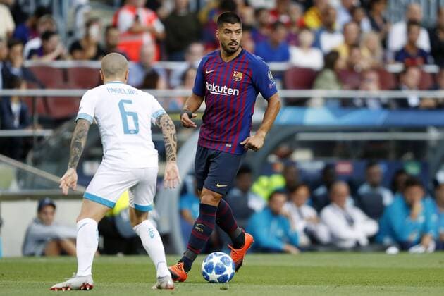 (l-r) Angelino of PSV, Luis Suarez of FC Barcelona Barca during the UEFA Champions League group B match between FC Barcelona and PSV Eindhoven at the Camp Nou stadium on September 18, 2018 in Barcelona, Spain. UEFA Champions League 2018 2019 xVIxVIxImagesx xMauricexvanxSteenxIVx 12162164