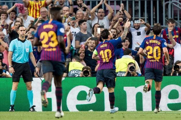 BARCELONA, 18-09-2018, Stadium Nou Camp, season 2018 2019, Champions League football. Barcelona player Lionel Messi (C) celebrating his 1-0 during the game FC Barcelona Barca - PSV. Barcelona - PSV  x2474594x