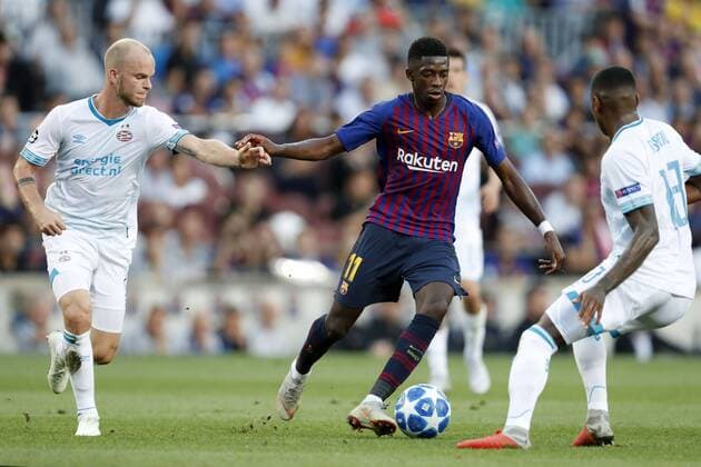 (l-r) Jorrit Hendrix of PSV, Ousmane Dembele of FC Barcelona Barca Pablo Rosario of PSV during the UEFA Champions League group B match between FC Barcelona and PSV Eindhoven at the Camp Nou stadium on September 18, 2018 in Barcelona, Spain. UEFA Champions League 2018 2019 xVIxVIxImagesx xMauricexvanxSteenxIVx 12162270