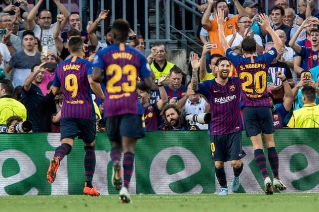 BARCELONA, 18-09-2018, Stadium Nou Camp, season 2018 2019, Champions League football. Barcelona player Lionel Messi (R) celebrating his 1-0 with Barcelona player Sergi Roberto (RR) during the game FC Barcelona Barca - PSV. Barcelona - PSV  x2474600x